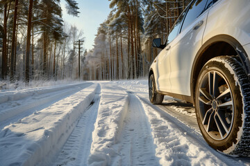 Winter Wonderland: Close-Up Of Tire Tracks On A Snowy Road At Sunset