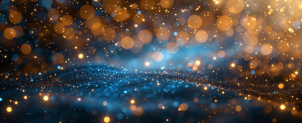 Fototapeta premium Sfondo sfocato con bokeh dorati e telo blu. 