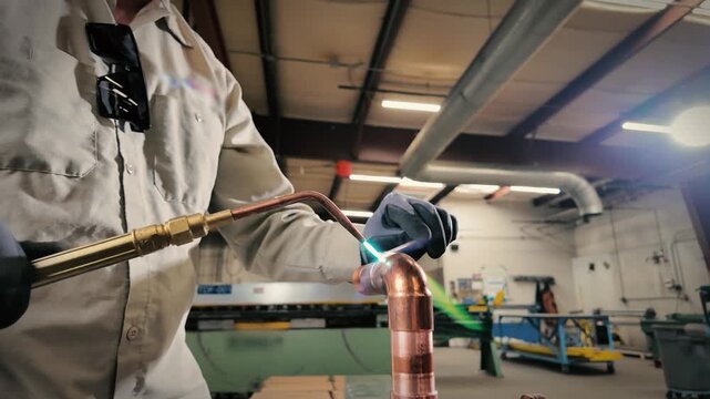 Pipefitter using an oxyacetylene torch brazing copper pipe
