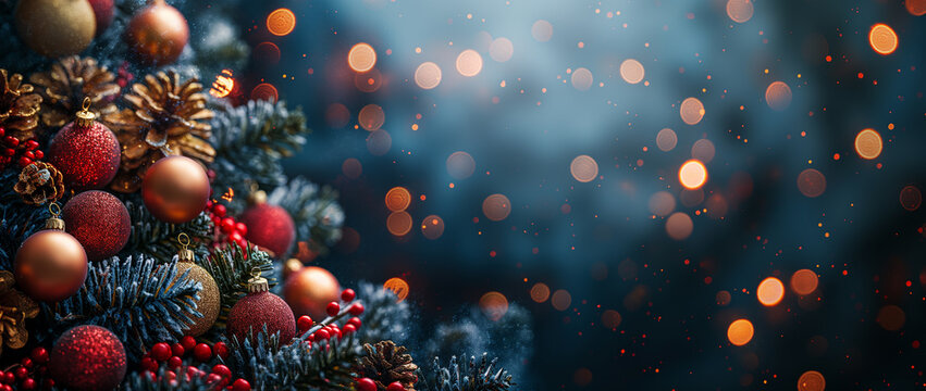 Sfondo natalizio con albero, palline di natale e bokeh