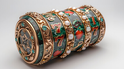  Luxury reel of the slot machine combination 777 and cherry, steampunk style, dragon, made of gold with black inserts, white background