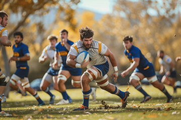 Obraz premium Dynamic Rugby Match in Full Swing With Intense Tackles and Strategy Under Clear Blue Skies