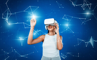 Female stand wear white VR headset and white sleeveless connect metaverse, future technology create...