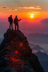 Fototapeta premium Inspiring Sunset Achievement: Two Adventurers Celebrate Success on Cliffside Overlooking Majestic Mountains