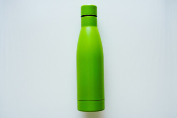Green Stainless Steel Water Bottle on white background Mockup