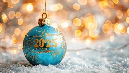 Blue christmas ball celebrating new year 2025 is hanging on snowy surface with golden bokeh lights background
