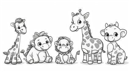 Obraz premium A delightful black and white cartoon illustration featuring five adorable jungle animals in a friendly pose.