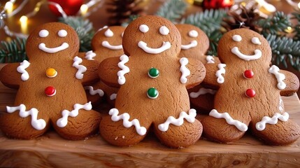   A gingerbread group sits on a wooden platter beside a Christmas tree with a filled pine cone