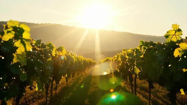 As the sun rises its gentle rays filter through the grapevines and create a breathtaking scene filled with lens flares. Light leaks bokeh