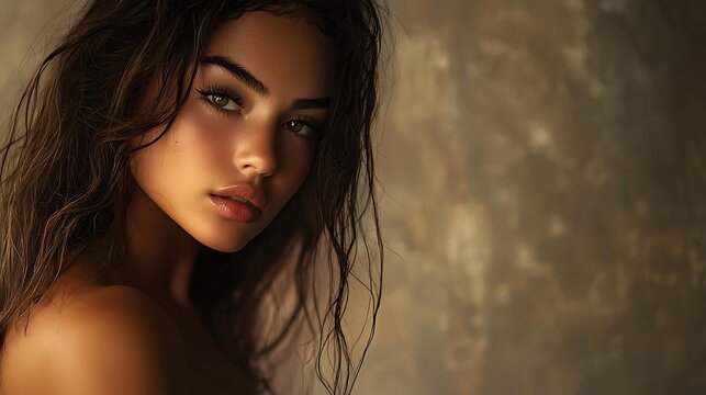 A beautiful artistic photograph of a model posing sensually in a studio, with soft lighting and a simple background