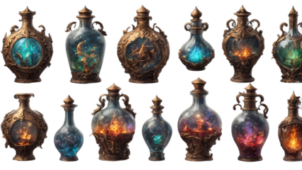 Enchanted Elixirs: Antique Fantasy Bottles - AI Generated transparent PNG