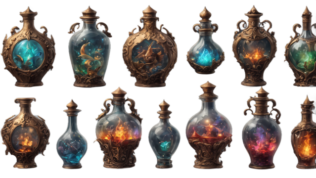 Enchanted Elixirs: Antique Fantasy Bottles - AI Generated transparent PNG