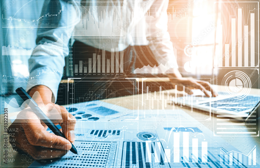Poster data analysis for business and finance concept. interface showing future computer technology of prof