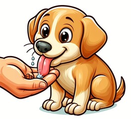 Phrase "eat out of your hand", a dog eating from a hand, cartoon illustration