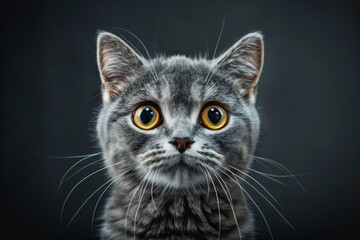 Fototapeta premium Amusing British shorthair cat with a surprised expression against a dark background