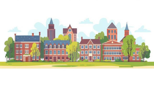 Colorful illustration of a college campus with various buildings and greenery, depicting an educational and vibrant environment.