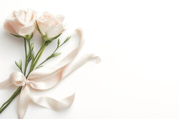 Template, blank, letterhead for invitation or congratulations, delicate light flowers and satin ribbons on white background, free space for text	