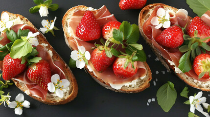 Obraz premium A couple of slices of bread topped with strawberries and adorned with flowers on the side