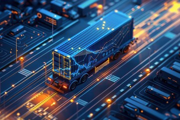 Container Truck on Smart City Road at Night