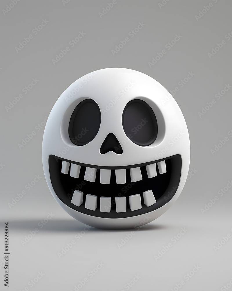 Wall mural A cheerful cartoon skull character with a wide smile and black eyes stands out against a plain gray backdrop