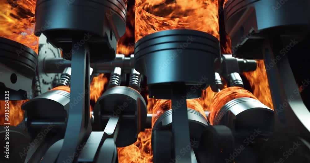 Poster powerful v8 engine parts inside of flames. pistons and crankshaft moving. industry related high qual