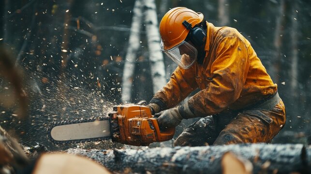 A worker in an orange outfit is using a chainsaw to cut through a fallen tree in a forest setting, surrounded by greenery and debris.