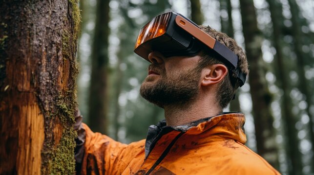 A man explores a forest while wearing virtual reality goggles, interacting with nature in a high-tech environment.
