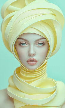 Girl with green eyes in a turban made of yellow ribbons.