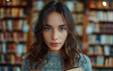 An adult Scandinavian person studies intently in a library, surrounded by shelves filled with books, deeply engaged in reading