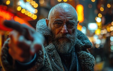 An alien ambassador, resembling an adult Slavic person, gestures with authority in a lively, illuminated urban environment at night
