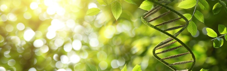 Fototapeta premium Digital plant DNA helix in biotechnology science wide banner with bokeh and empty space