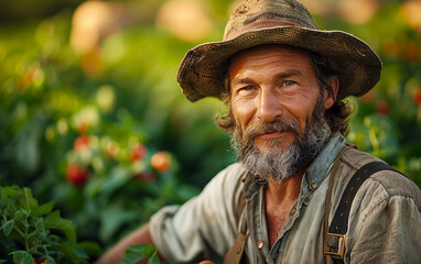Fototapeta premium A Slavic person tends to organic crops on a vibrant farm, surrounded by rich greenery during the golden hour of sunset