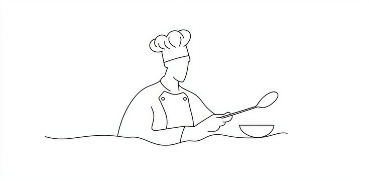 recommend clip art: Chef drawing in single line with frying pan and spatula, modern line art illustration