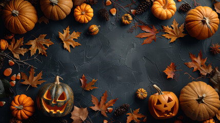 Halloween background with scary pumpkins on a black table, in a top view.