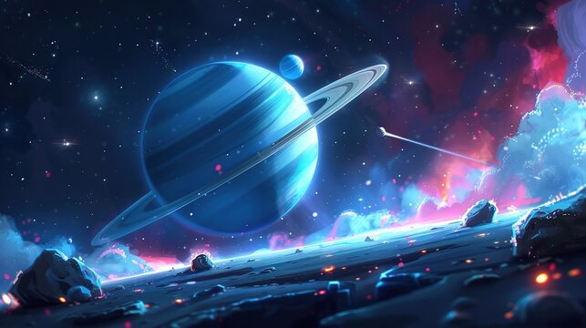   An artistically rendered depiction of a cosmic setting featuring a prominent celestial body in the foreground and an array of distant stars scattered across the backdrop