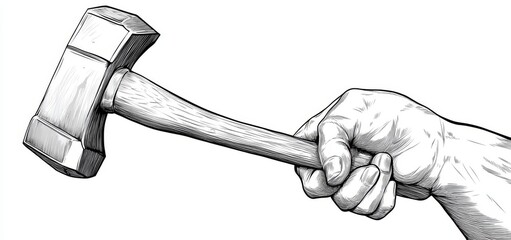 Continually drawn single line illustration of a hand holding a hammer