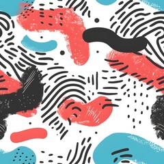 Abstract seamless pattern with red, blue, and black brush strokes and hand drawn lines on white background.