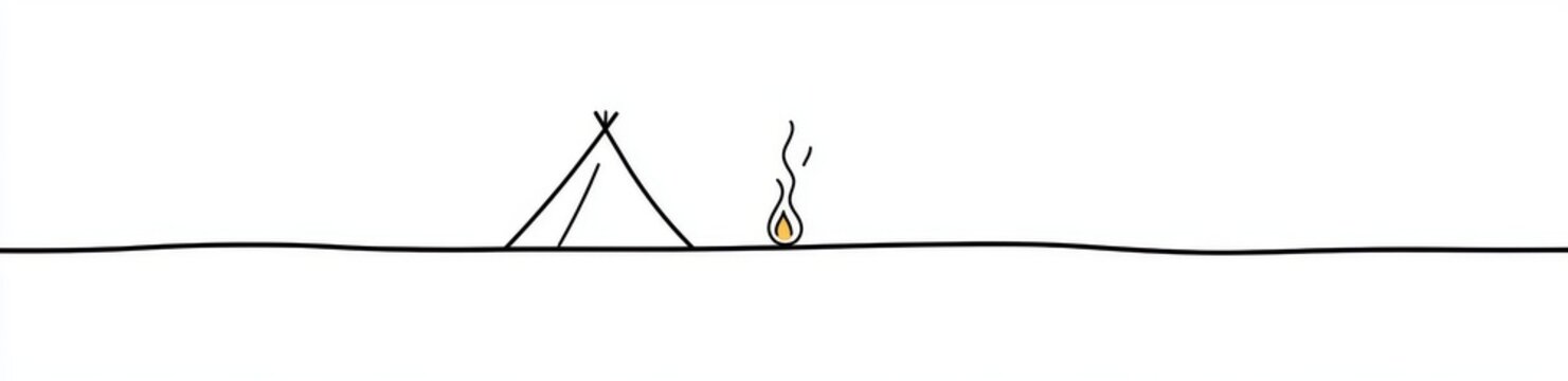 recommend clip art: Drawing with tent and campfire in a continuous line, modern line art illustration