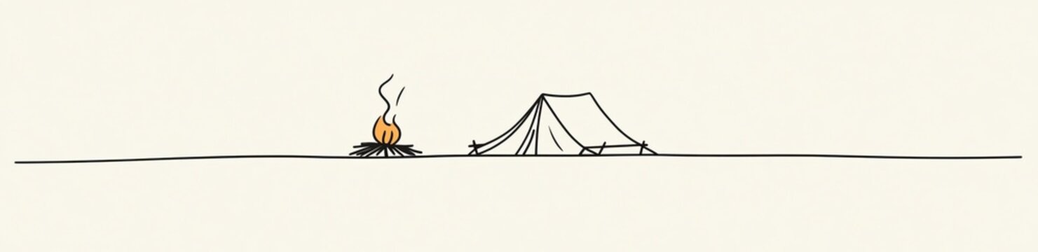 recommend clip art: Line art modern illustration depicting a campground with tent and campfire in one continuous line