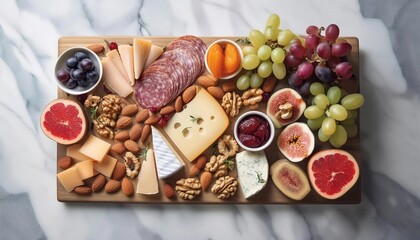 Charcuterie board featuring a variety of cheeses, sliced salami, grapes, nuts, honey, and figs, beautifully arranged on a wooden board atop a marble surface.