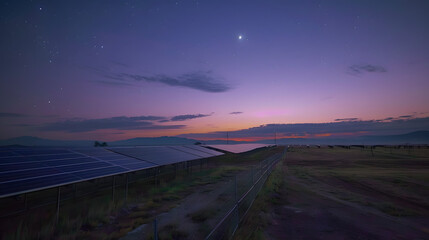 A time-lapse of a solar farm capturing the transition from day to night.