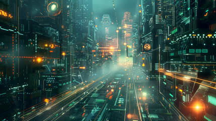 3d render of surreal cyber city speed tunnel funnel based on futuristic cubes rectangle boxes with speed lines on the sides