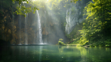 A tranquil scene with a waterfall gently flowing into a crystal-clear lake in a dense forest.