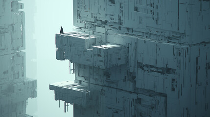 Obraz premium lone figure standing on futuristic platform in sci-fi cityscape