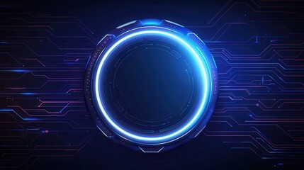 Futuristic circular frame with glowing blue light against a dark tech background, ideal for digital art or technology themes.