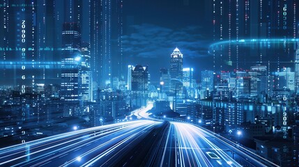 Futuristic cityscape with glowing lights and digital patterns, showcasing innovation and technology in urban architecture.