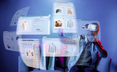 Caucasian man choosing and selecting product for shopping list while wearing visual reality...
