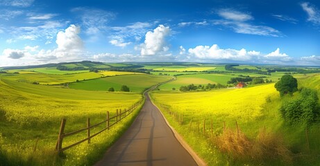 Obraz premium A long road leading into the distance, with green grass on both sides and yellow rapeseed flowers blooming in front. 