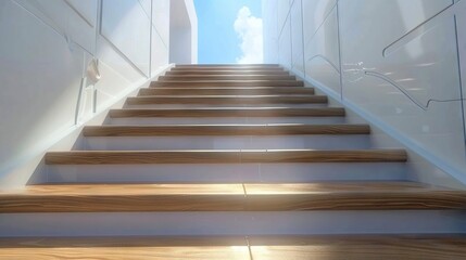   Wooden steps leading to cloudy sky in white room with natural light through windows