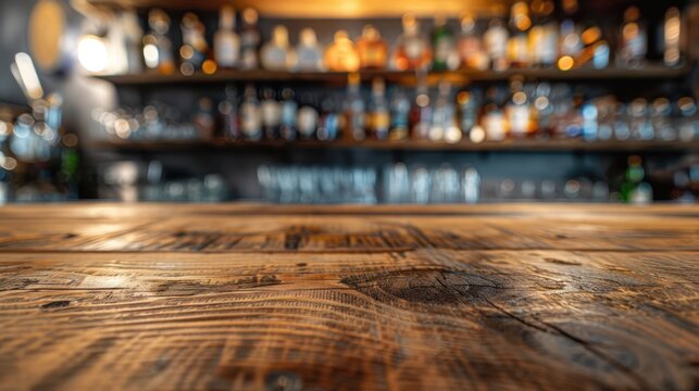 The rustic wooden bar counter.
